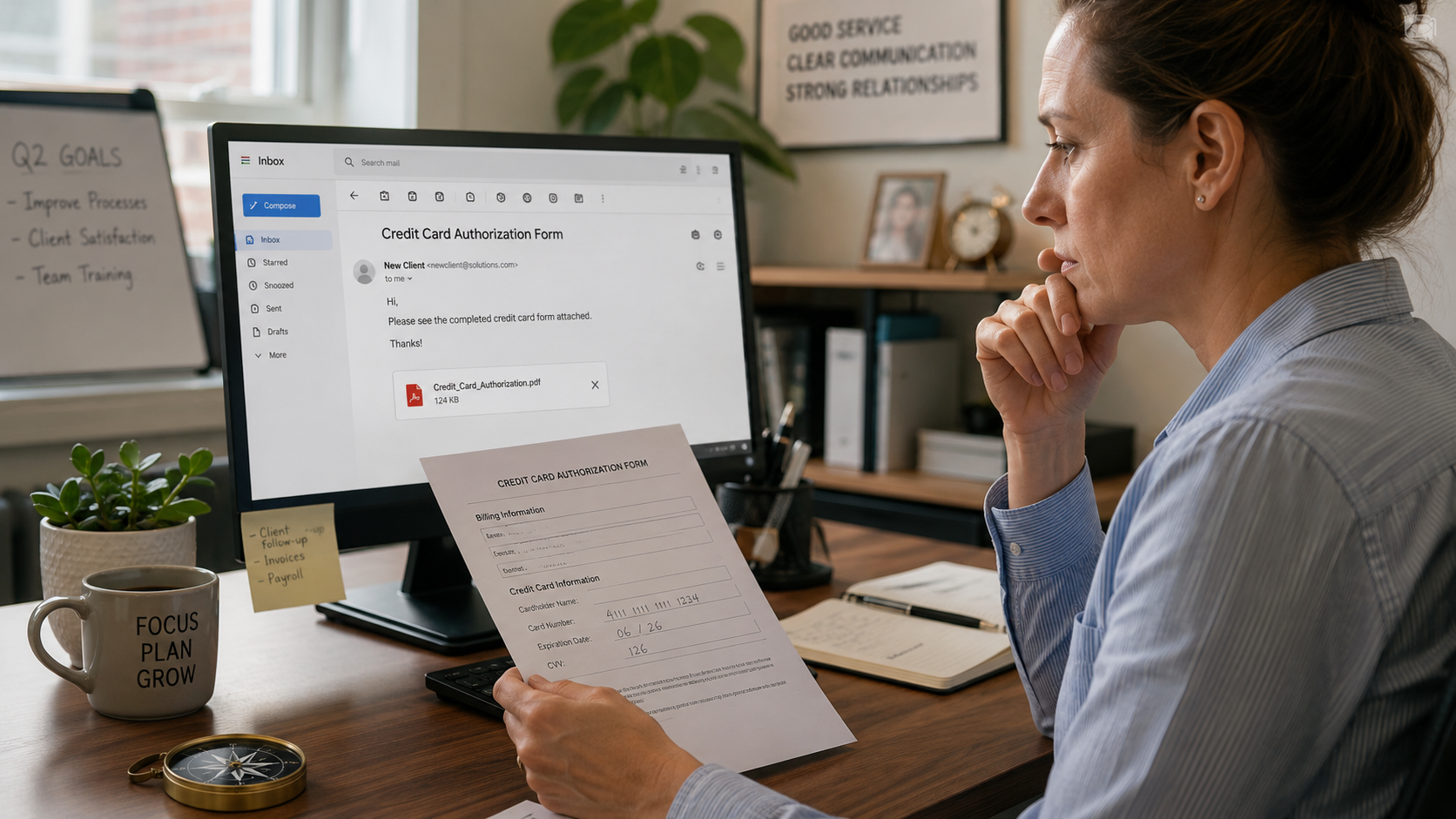 Business owner reviews paper credit card form